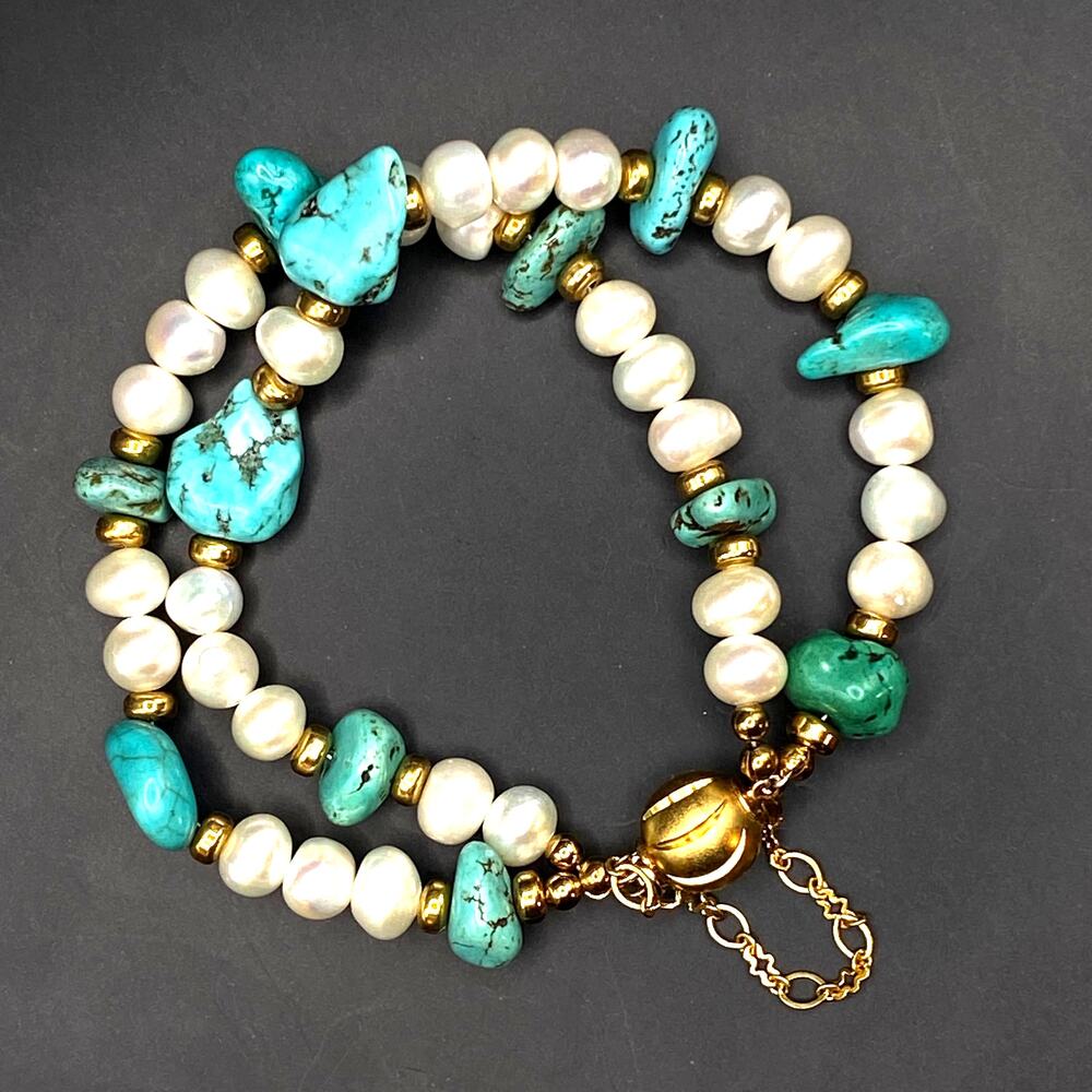 Vtg Turquoise Potato Pearl Beaded Double Strand Bracelet Southwest Boho